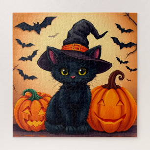 Puzzle Joli chat noir avec chapeau de sorcière entouré de