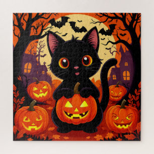 Puzzle Joli chat noir avec des citrouilles d'Halloween