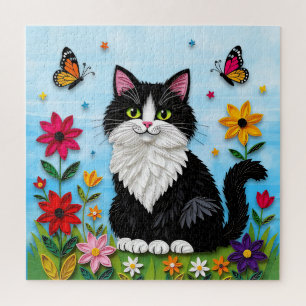 Puzzle Joli chat noir et blanc, fleurs et papillons