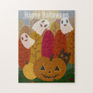 Puzzle Joli chat noir et fantômes d'Halloween Citrouille