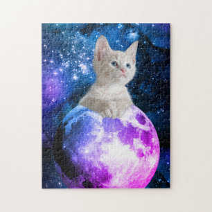 Puzzle Joli Chaton Sur La Lune, Étoiles Brillantes, Unive