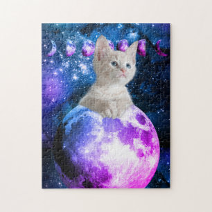 Puzzle Joli Chaton Sur La Lune Étoiles Brillantes Univers