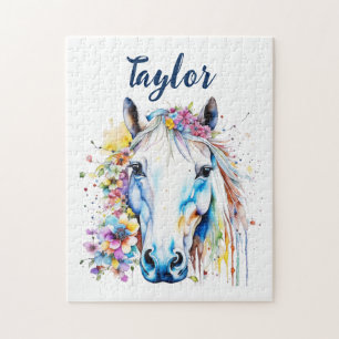Puzzle Joli Cheval Blanc Floral Personnalisé