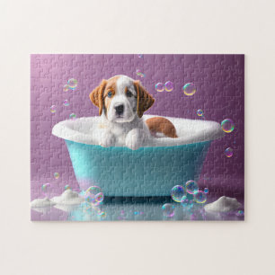 Puzzle Joli chiot dans une baignoire avec bulles, enfants