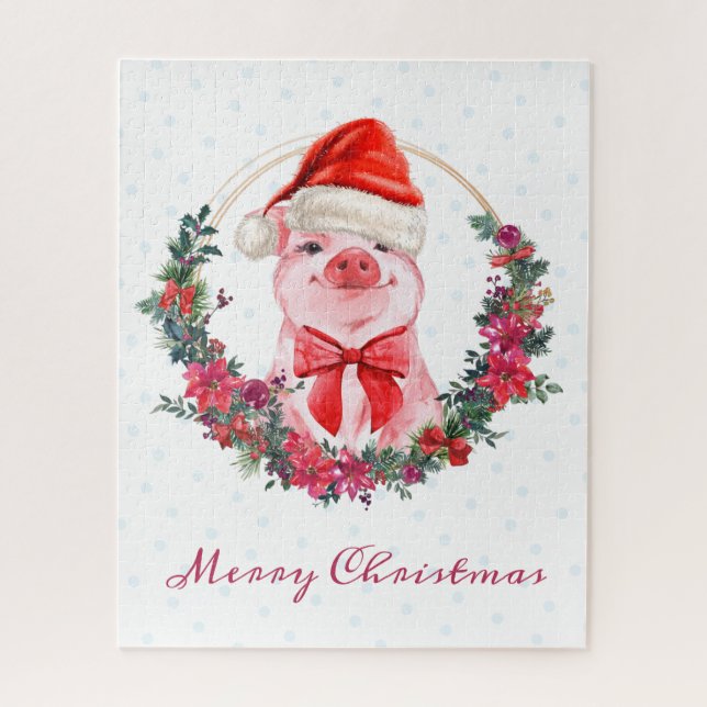 Puzzle Joli Cochon Avec Bow, Wreath, Noël Pois (Vertical)