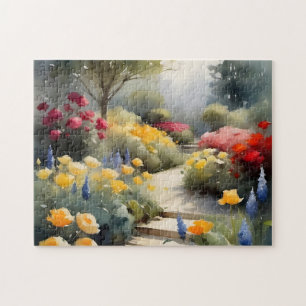 Puzzle Joli Jardin aux roses rouges fleurs bleues