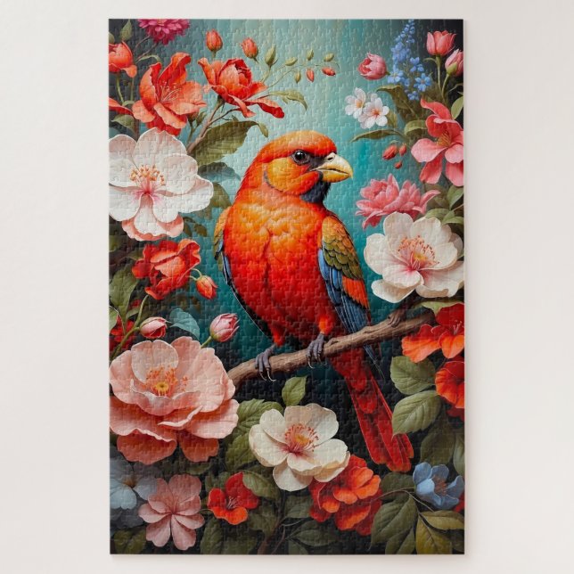 Puzzle joli oiseau coloré sur une branche avec des fleurs (Vertical)