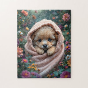 Puzzle Joli, petit, chiot duveteux entouré de fleurs