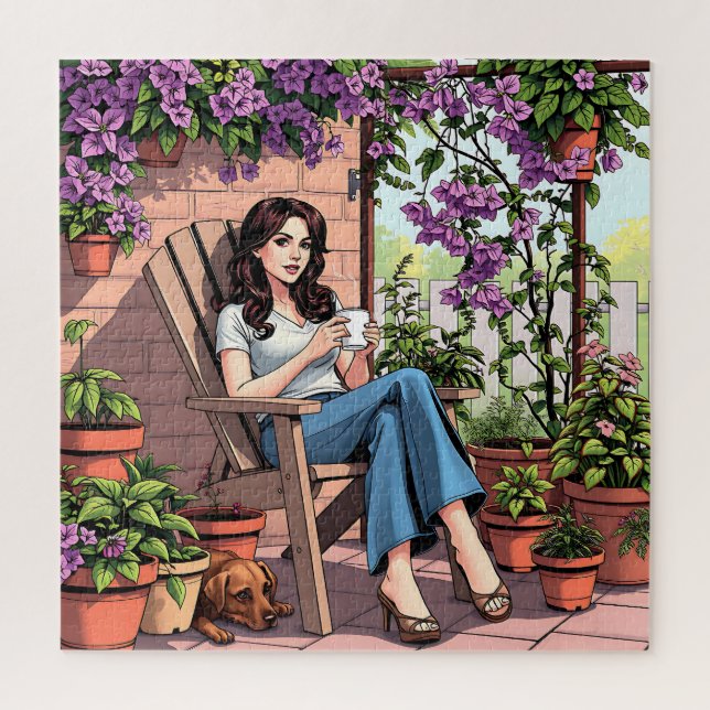 Puzzle Jolie Dame Boire Du Café Relaxant Dehors (Vertical)
