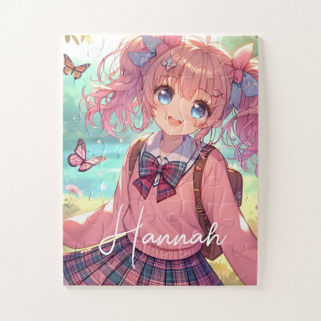 Puzzle Jolie fille Anime en Pigtails Roses (Vertical)