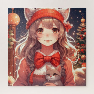 Puzzle Jolie fille d'anime tenant un chaton Noël