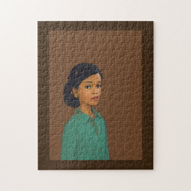 Puzzle Jolie jeune fille peau brune chemise verte (Vertical)