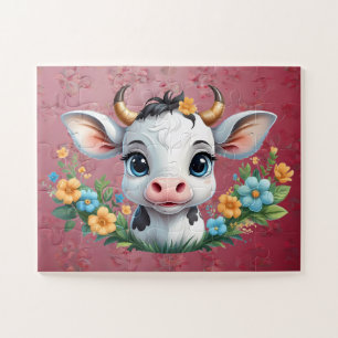 Puzzle Jolie petite vache fille en fleurs