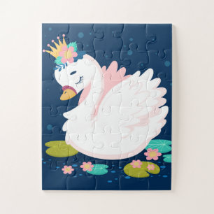 Puzzle Jolie princesse bébé cygne blanc rose vert bleu