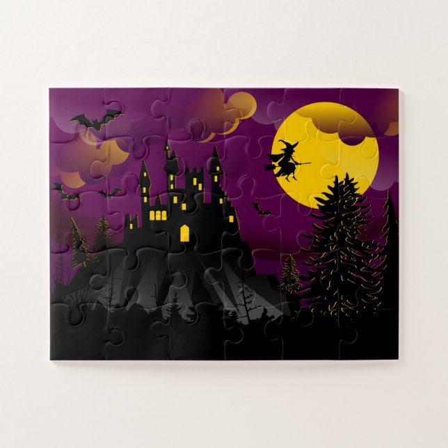 Puzzle Jolie Sorcière Hantée Hantée Maison Pleine lune (Horizontal)