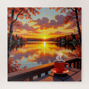 Puzzle Jolie vue au bord du lac d'un lever de soleil et c