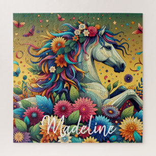 Puzzle Jolies fleurs colorées fantaisistes et cheval blan