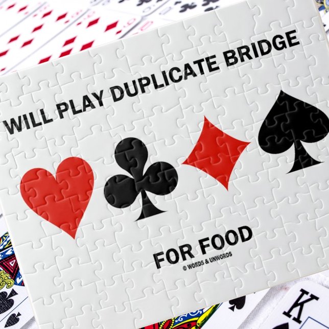 Puzzle Jouera Le Pont Dupliqué Pour Les Costumes De Carte (Jigsaw puzzle w/ the four card suits + the bridge saying "Will Play Duplicate Bridge For Food")