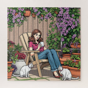 Puzzle Jour de détente Femmes avec café, chats et Plant