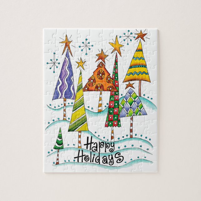 Puzzle Joyeuses fêtes ! De beaux arbres de Noël aux étoil (Vertical)