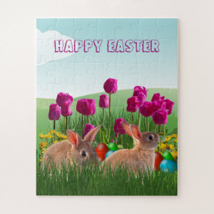 Puzzle Joyeuses Pâques Lapin Mignon Tulipes et Œufs Color