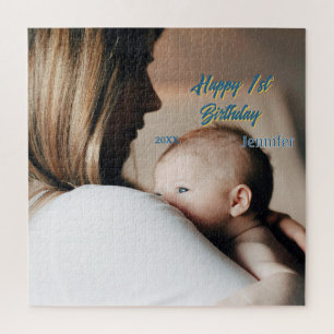 Puzzle Joyeux 1er anniversaire enfants bébé mère bleu jau