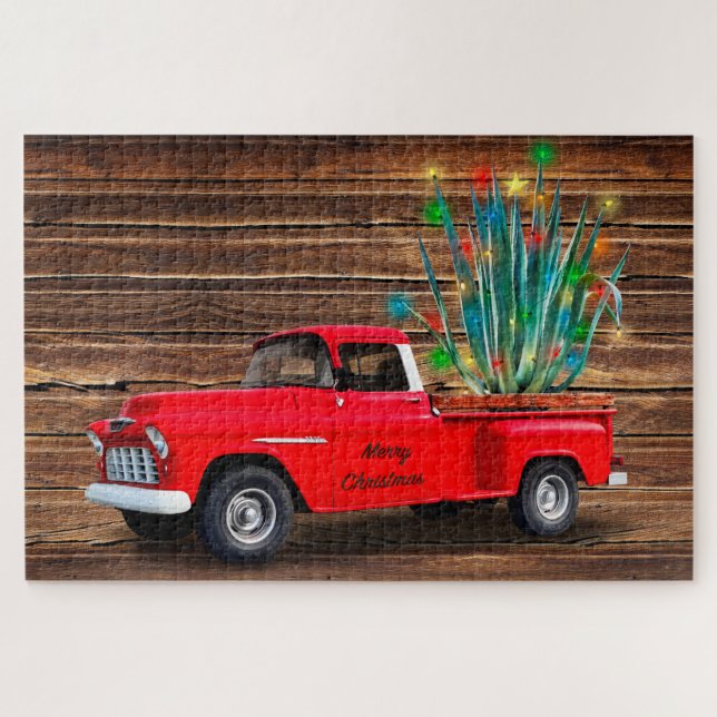 Puzzle Joyeux Camion Rouge Noël avec Arbre Agave & Lumièr (Horizontal)