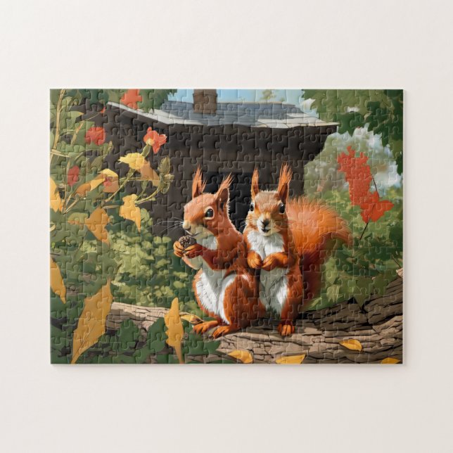 Puzzle Joyeux écureuils rouges dans une maison d'arbres (Horizontal)