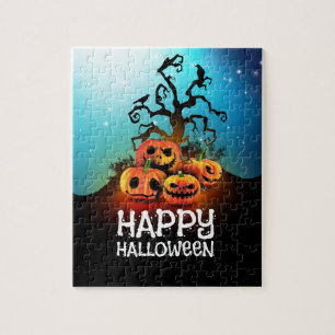 Puzzle Joyeux halloween ! Citrouilles sous un arbre dépla