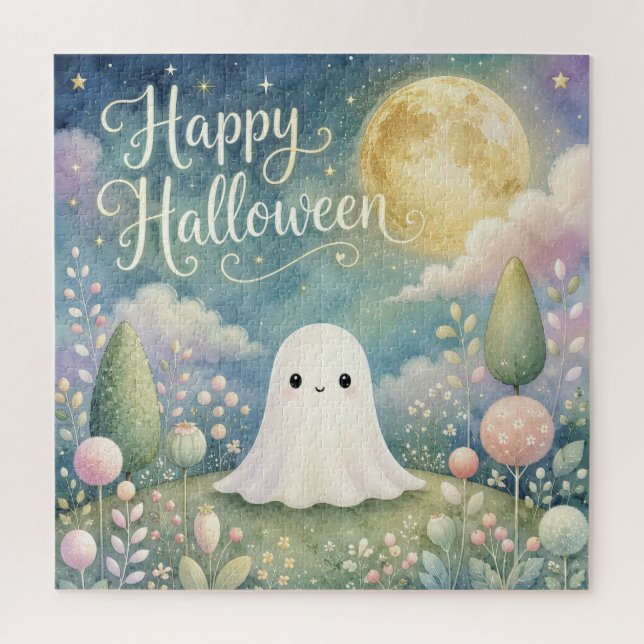 Puzzle Joyeux Halloween Gentil Fantôme Jardin Pastel (Vertical)
