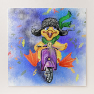 Puzzle Joyeux Jaune Duck Drives Purple Scooter - Cartoon