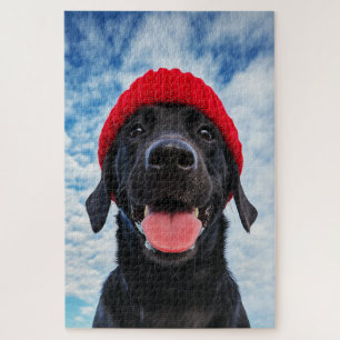 Puzzle Joyeux Labrador dans une Beanie rouge sous un ciel
