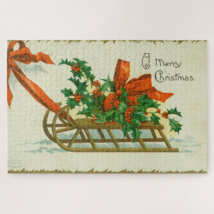 Puzzle Joyeux Noël - carte postale vintage, traîneau et h