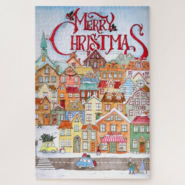 Puzzle Joyeux Noël drôle Whimsical mignonne ville d'hiver (Vertical)