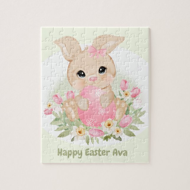 Puzzle Joyeux Oeuf rose lapin de Pâques Nom personnalisé (Vertical)