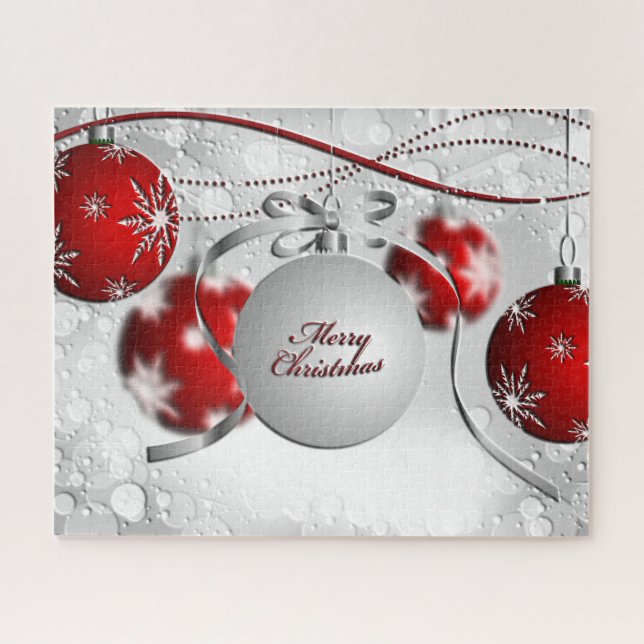 Puzzle Joyeux ornement de Noël en argent et rouge (Horizontal)