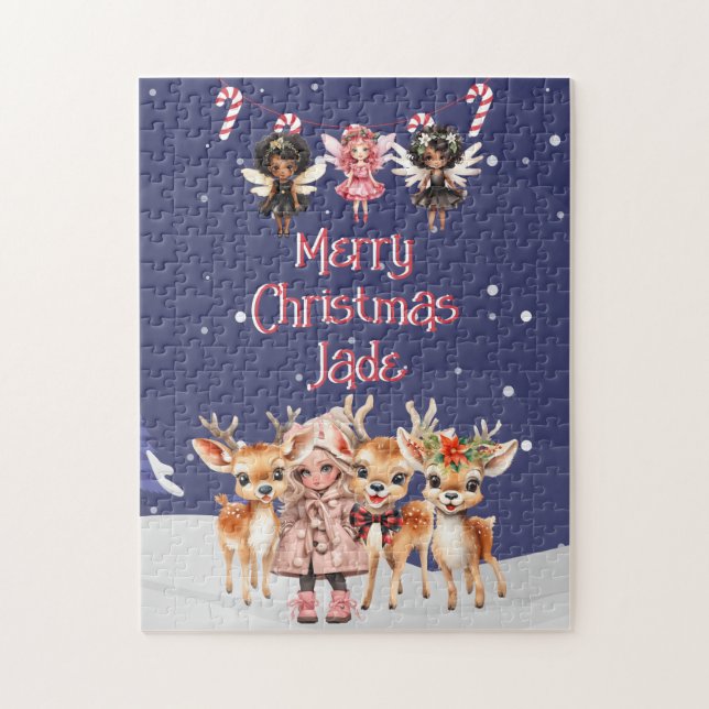 Puzzle Joyeux rennes de Noël Peppermenthe Fairy avec nom (Vertical)