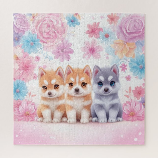 Puzzle Kawaii Husky Pair Wall Art & Poster (Vertical)