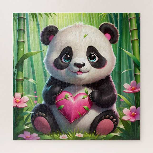 Puzzle Kawaii Panda tient le coeur dans une forêt de Bamb (Vertical)