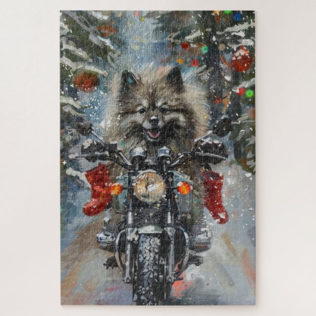 Puzzle Keeshond chien équitation moto Noël (Vertical)