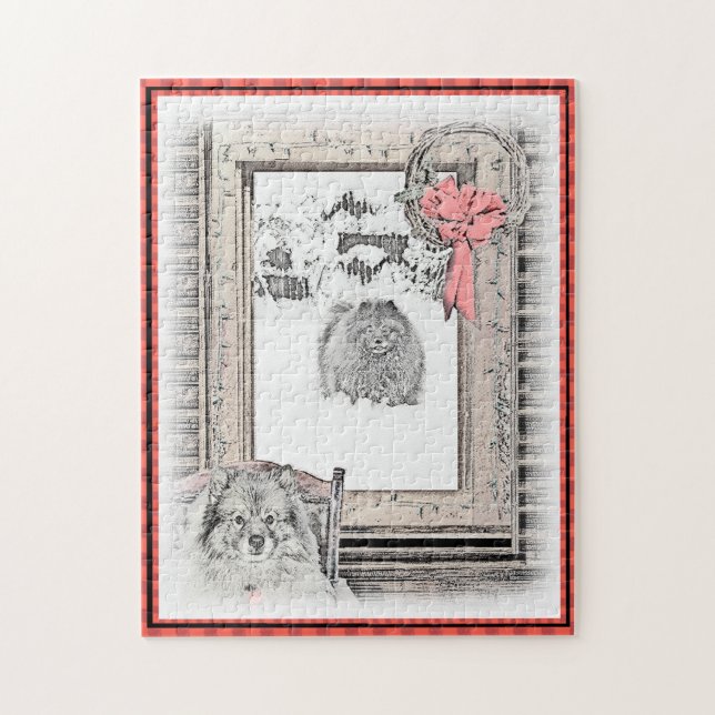 Puzzle Keeshond Noël hiver fenêtre Peinture Chien Art (Vertical)