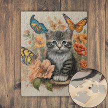 Kitten gris et blanc, Fleurs pastel, Papillons