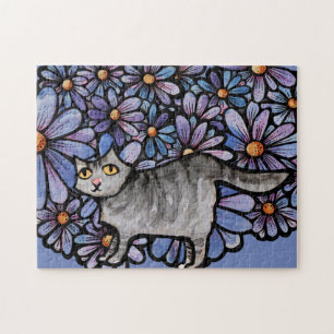 Puzzle Kitty Chat Purple Daisées Gris Chat Art Gris Chats