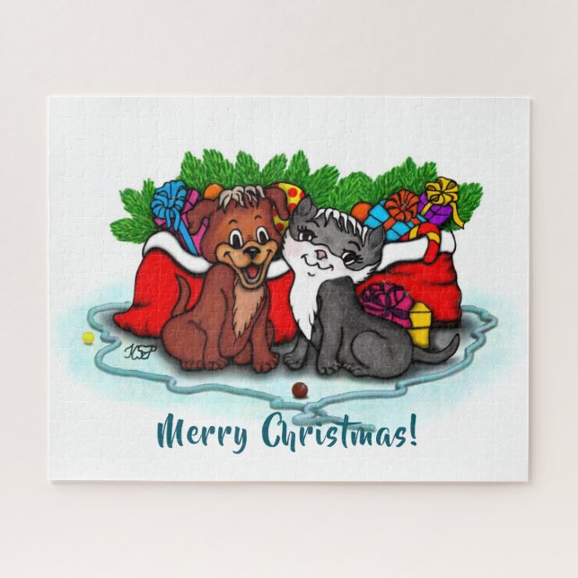 Puzzle Kitty et chiot, Happy XMas (Horizontal)
