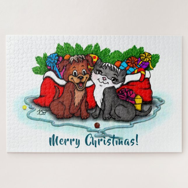 Puzzle Kitty et chiot, Happy XMas (Horizontal)