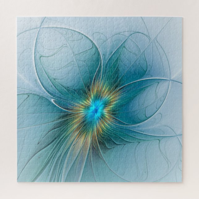 Puzzle La petite Beauté Moderne Bleu Or Fractal Flower (Vertical)