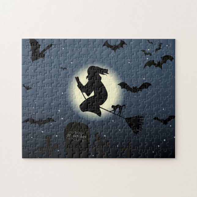 Puzzle la scène d'halloween de la sorcière volante (Horizontal)