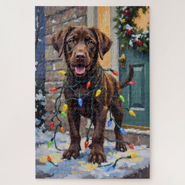 Puzzle Labrador chocolat empêtré dans les lumières de Noë (Vertical)