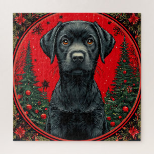 Puzzle Labrador noir de Noël avec des arbres de fête