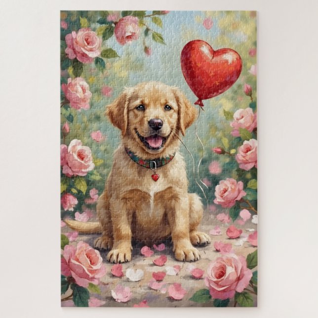 Puzzle Labrador Puppy Rose Petals Valentine's Day (Vertical)